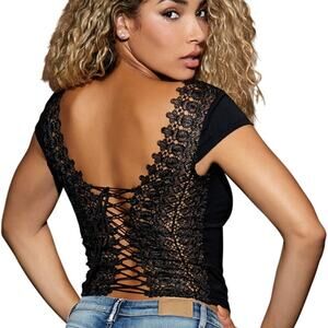 NWT High Demand Knit Jersey Lace Up Back Top Sz S/M